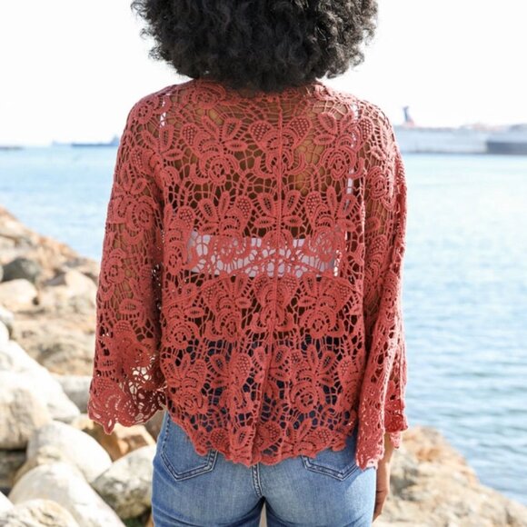 Crochet Floral Petal Kimono Wrap Boho Cotton Shawl 1 Size Black Mocha Rust Mint - Picture 7 of 9